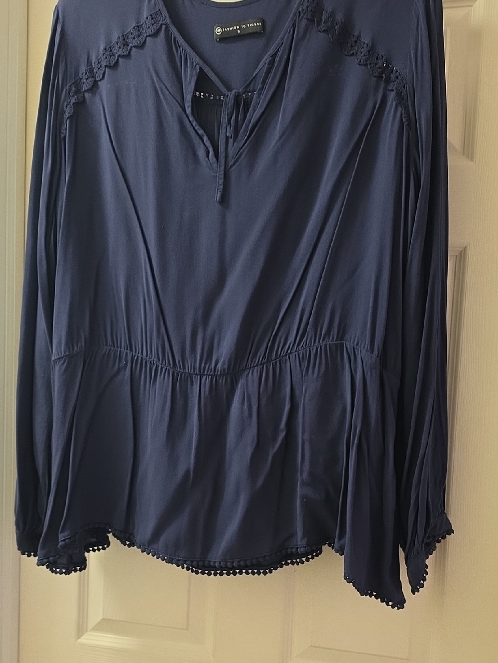 Navy Long-Sleeve Peplum Top with Lace Trim